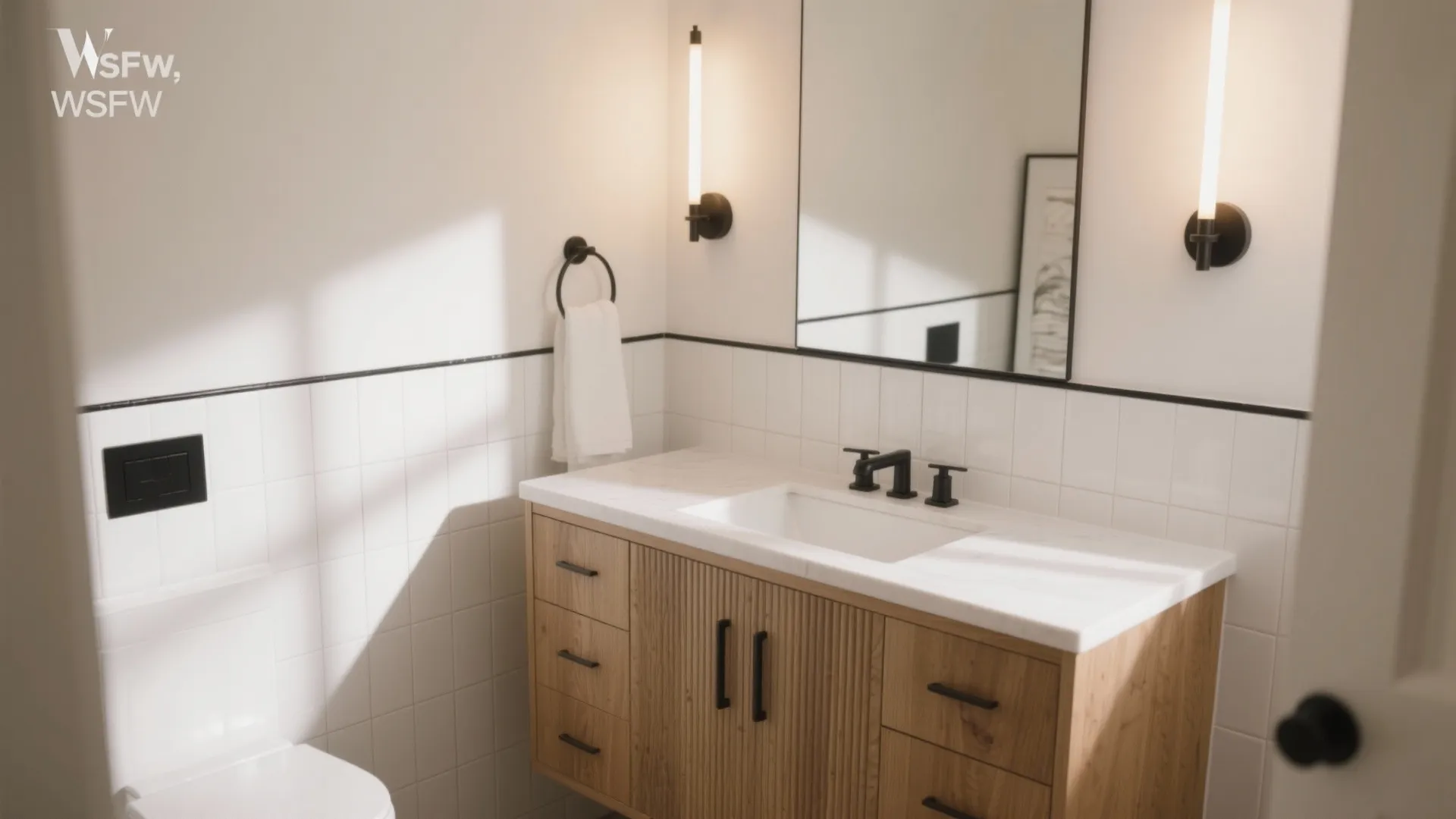 Modern bathroom with wood cabinet white marble counter mirror two wall lights and white tiles