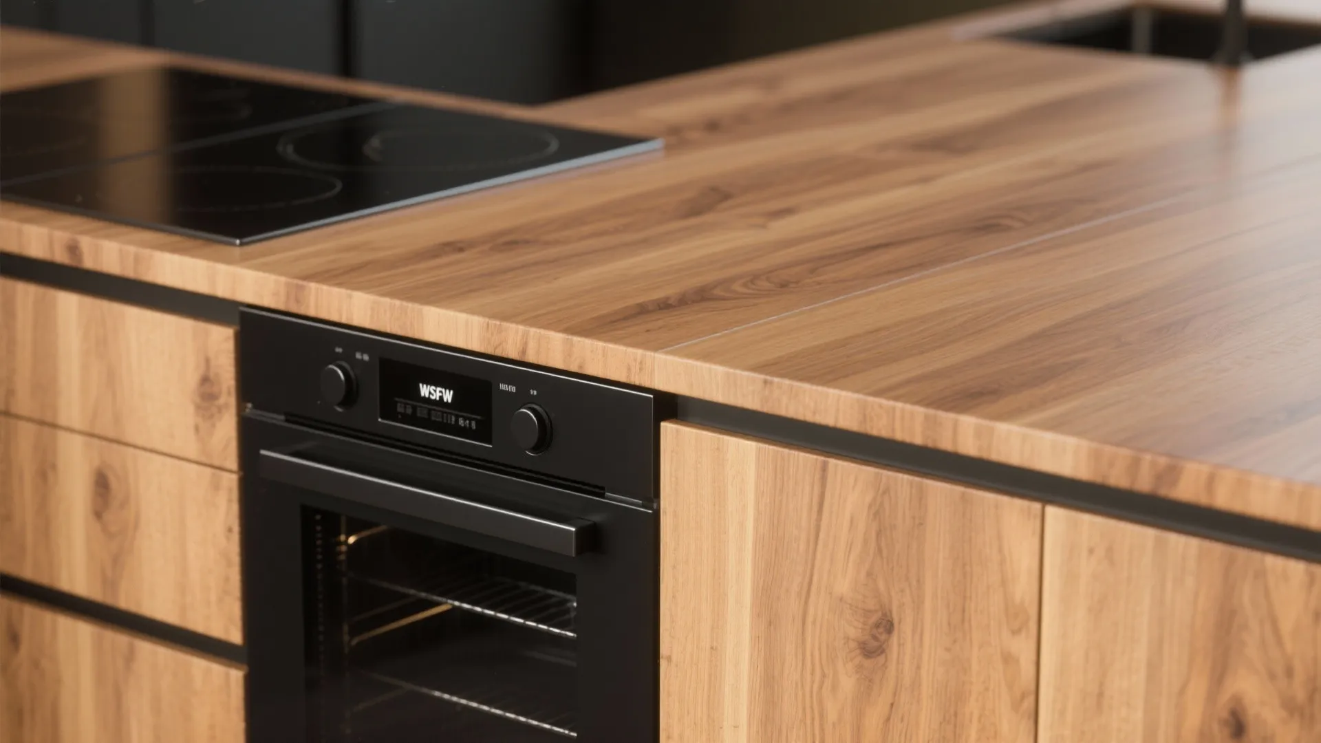 2. Warm wood veneer with matte black cabinets