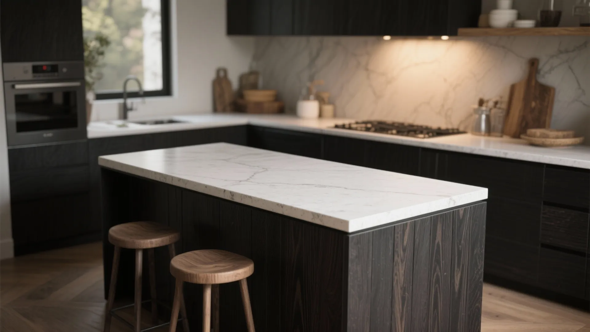 5. Mixed Materials: Black Wood Veneer + White Concrete Top