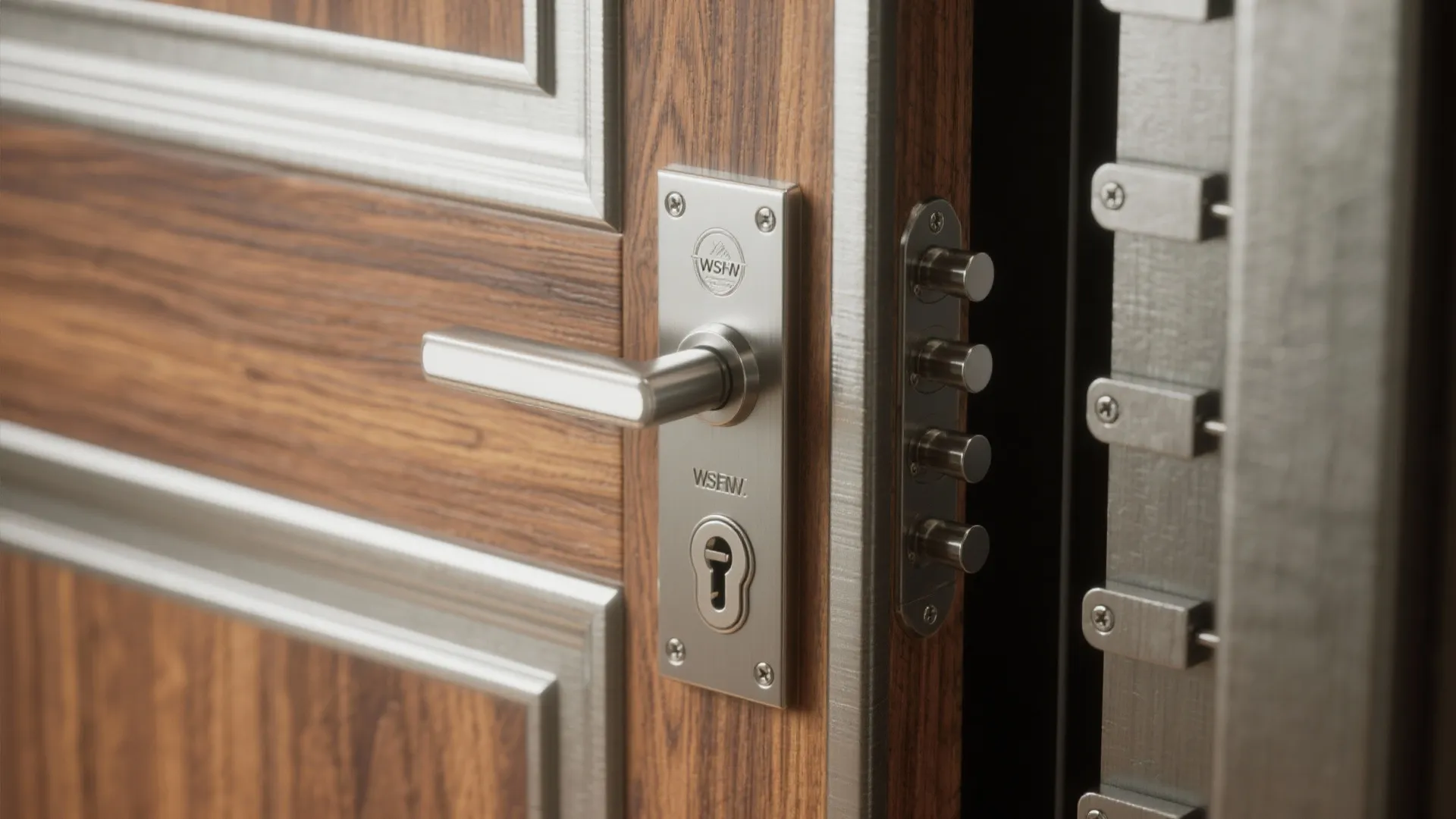 Close up of wood door showing silver handle and four silver metal side locking bolts