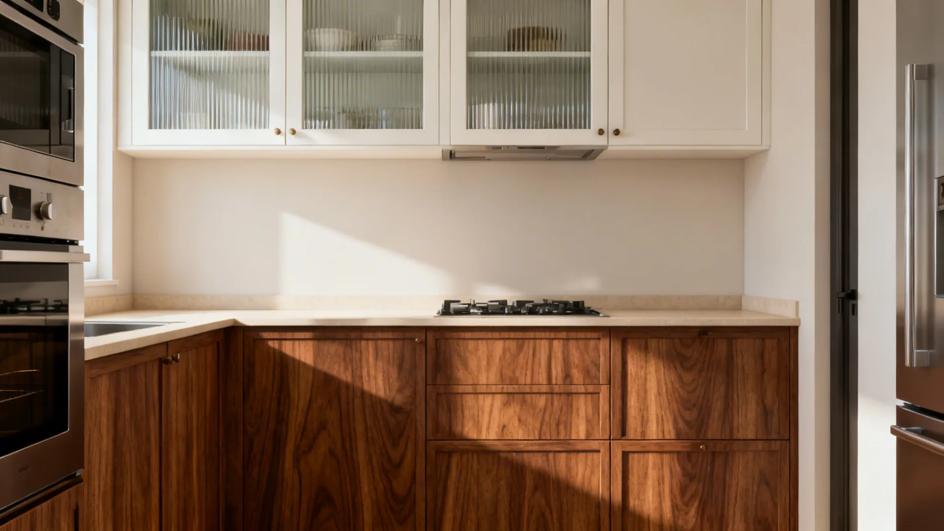 Small kitchen with walnut veneer lower doors and glass or painted uppers, balanced by soft daylight.