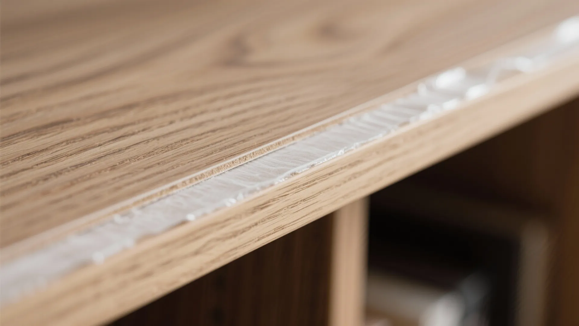 Close up view of applying white glue to the edge of a light wood shelf