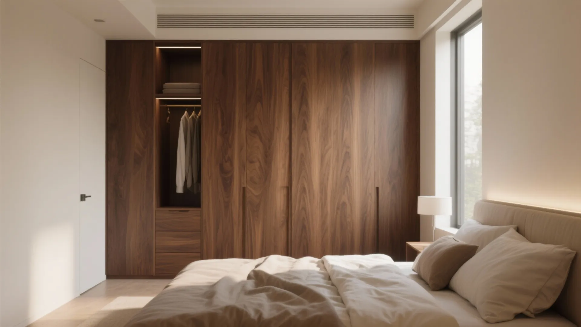 Modern bedroom with dark wood wardrobe, open storage for clothes, comfortable bed, and bright light