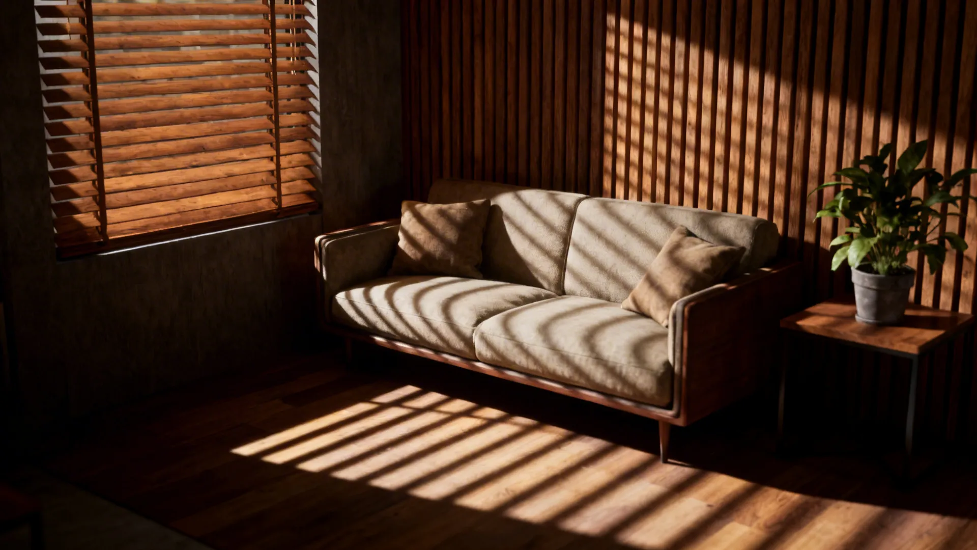 Cozy living room with wooden venetian blinds casting adjustable shadows