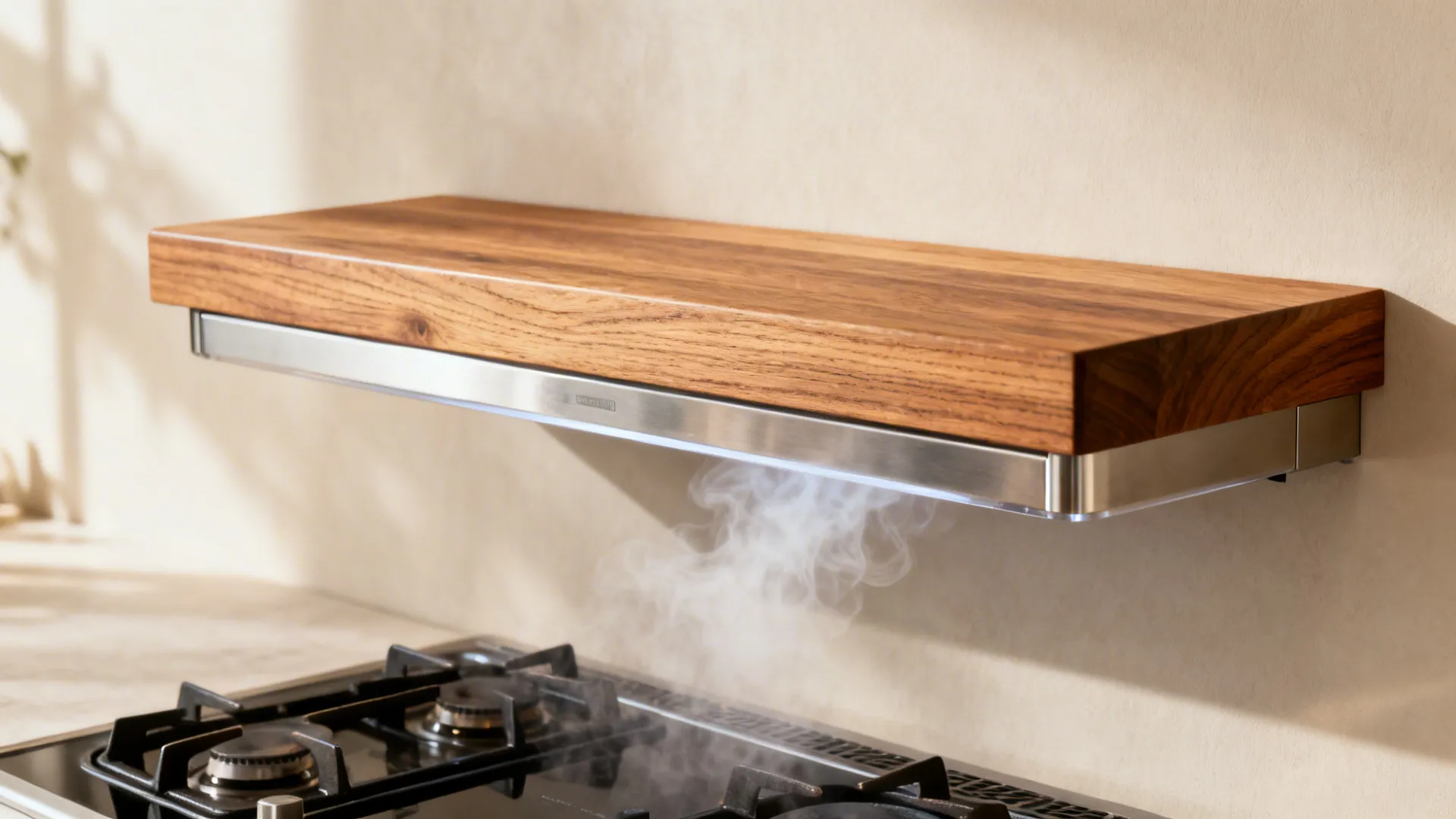 Macro of sealed oak shelf and ducted hood with safe clearance above a cooktop.