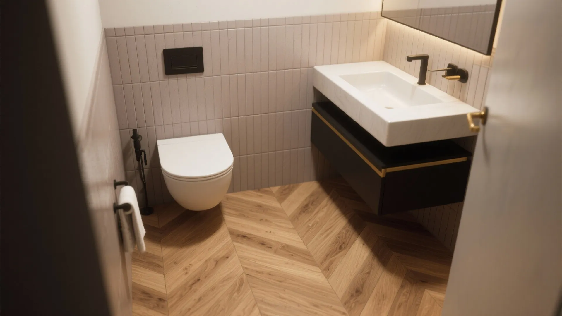 Wood-Look Porcelain Floor + Vertical Stacked Rectangular Wall