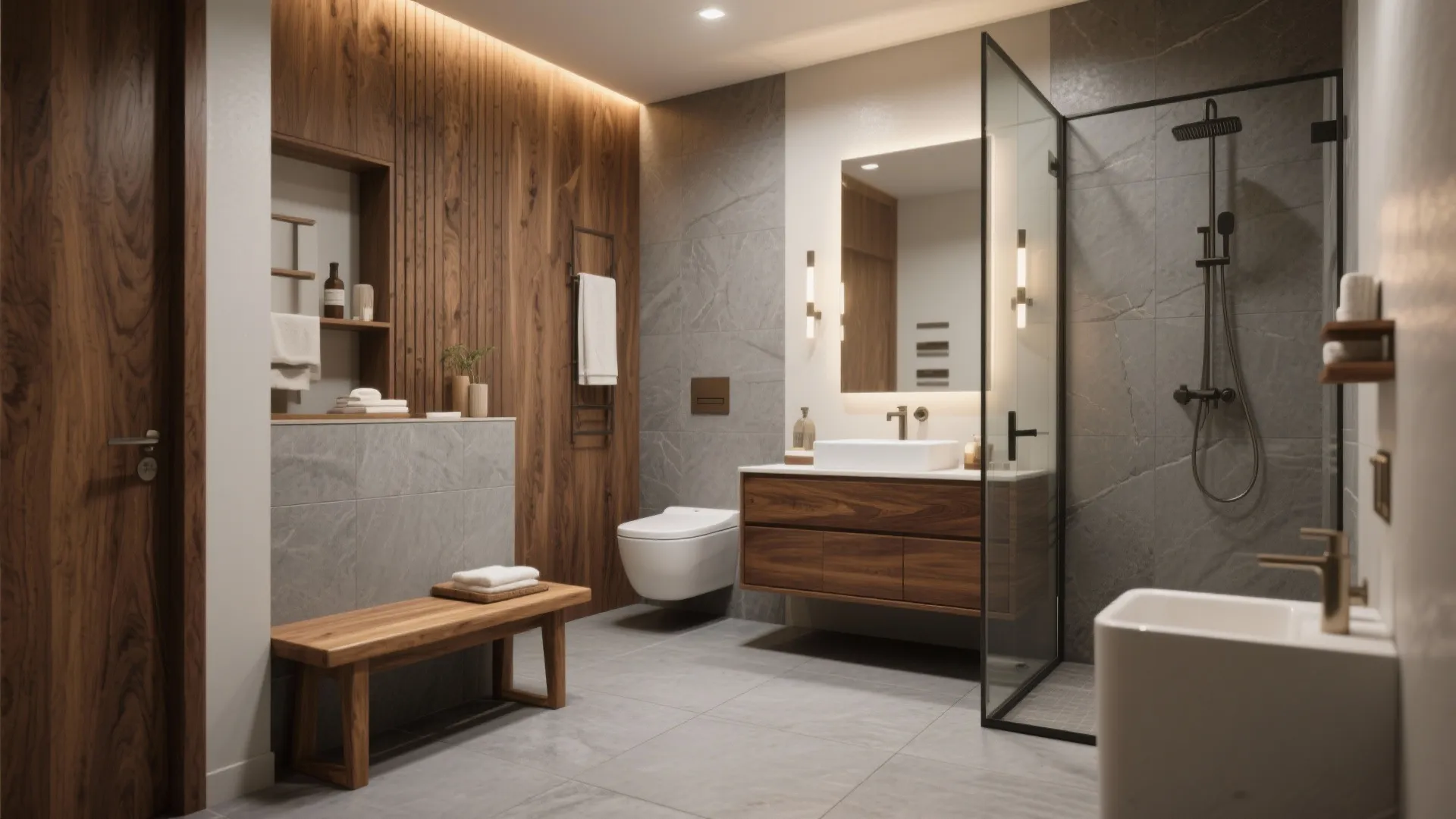 2. Warm Wood Accents Against Cool Grey Floors