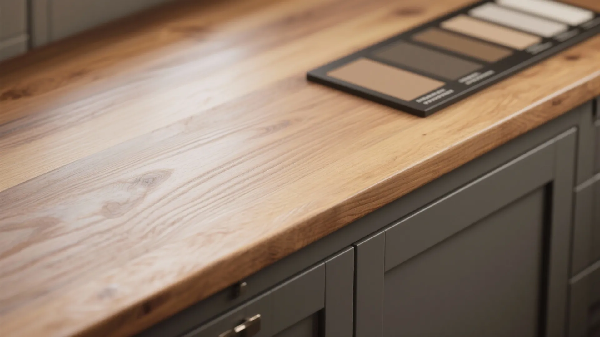 Close-up of warm wood countertop next to slate gray cabinet showcasing texture and undertones