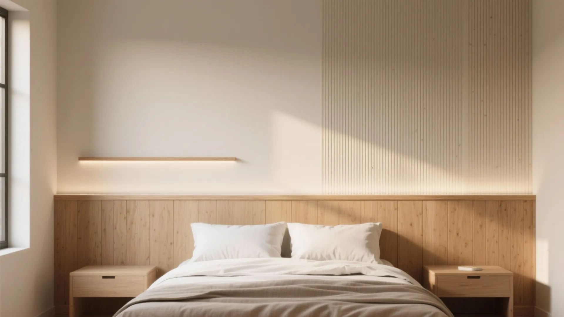 Minimalist bedroom featuring wooden wall panels behind bed two side tables and warm soft lighting