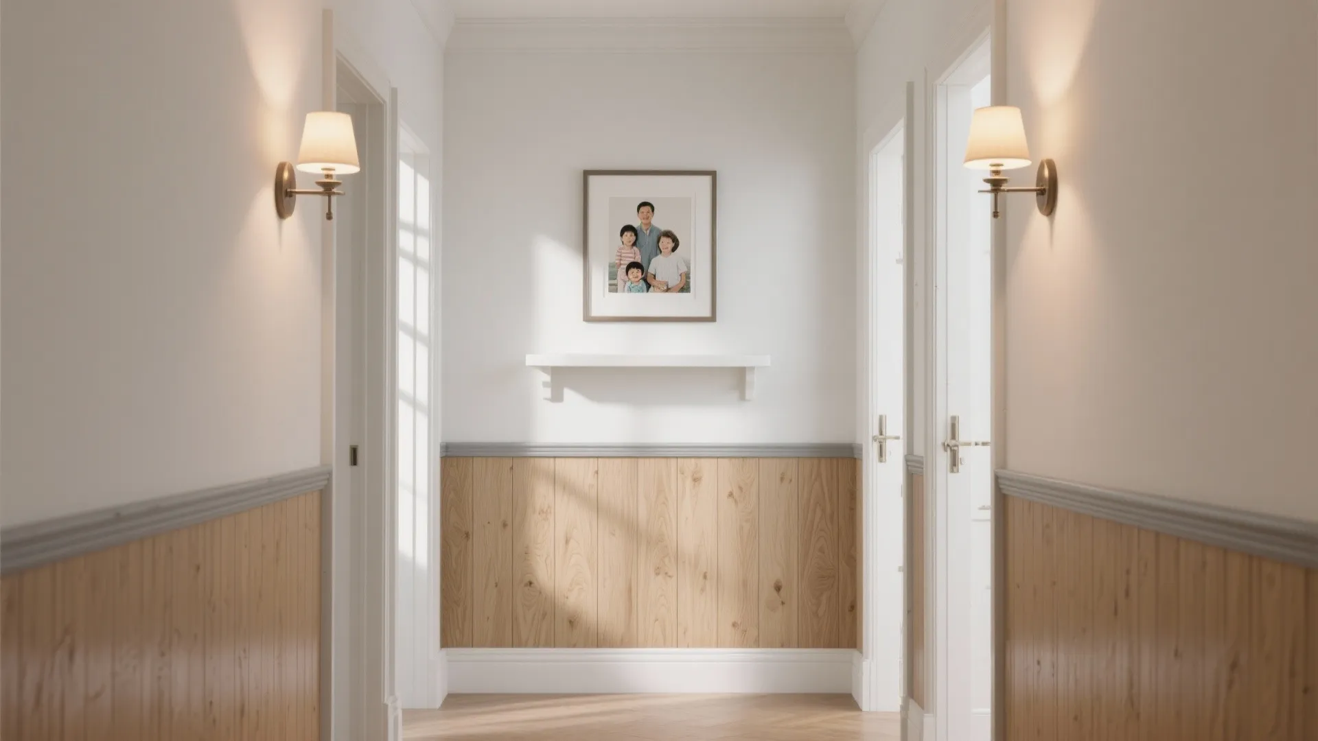 Warm Wood-Texture Panels and Half-Height Wainscoting