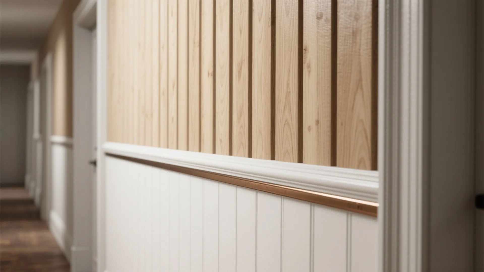 Close up of vertical light wood slats and white wall panel decoration in a hallway