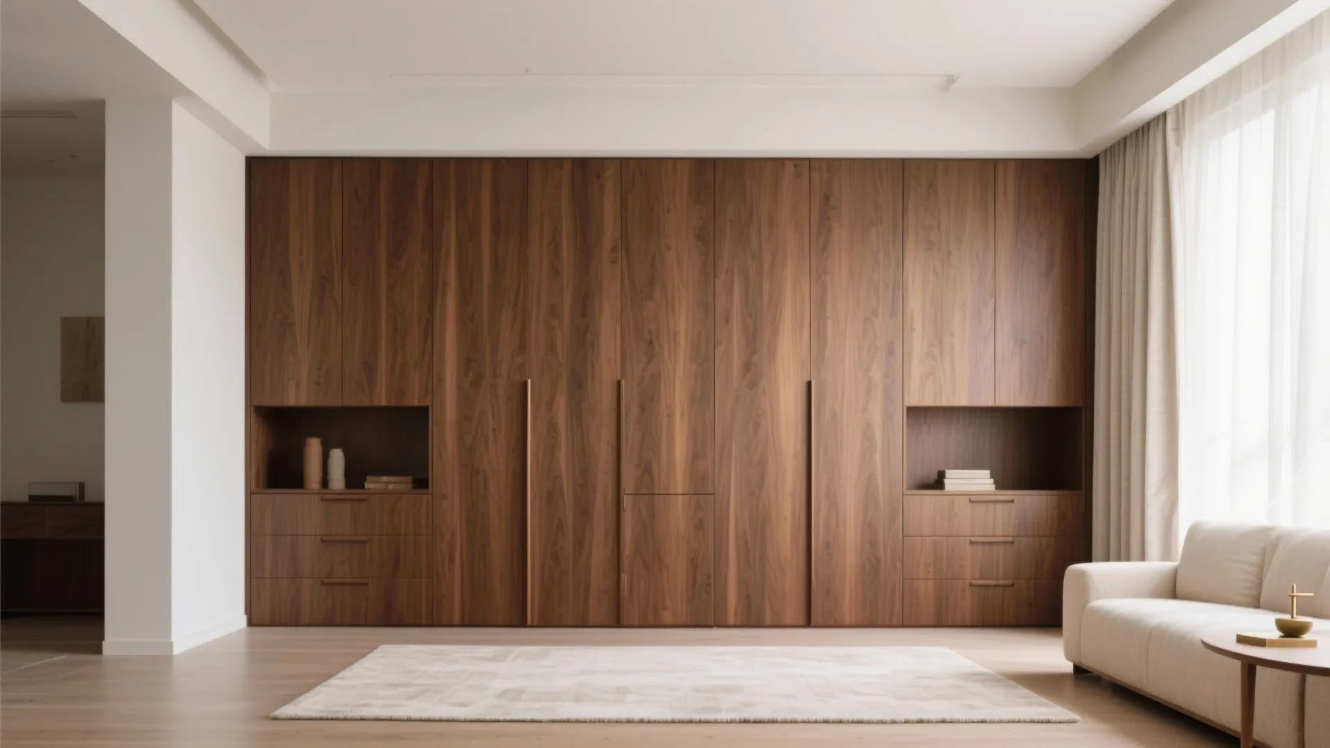 4) Floor-to-Ceiling Wood Warmth, Handleless and Calm