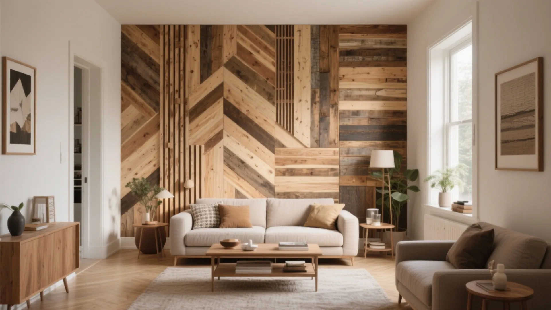 Bright living room with decorative wooden wall panels cream sofa coffee table and framed pictures