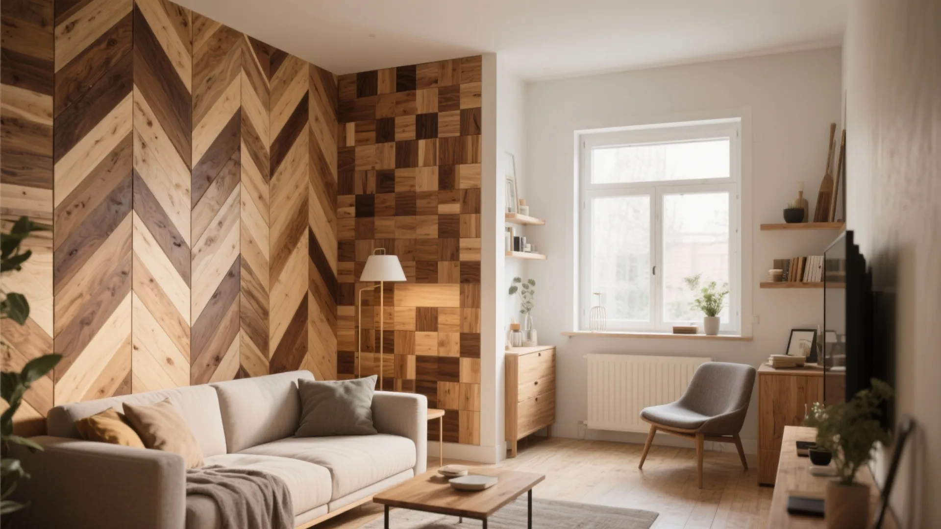 Modern living room with chevron wood wall panel plus white sofa and bright natural light