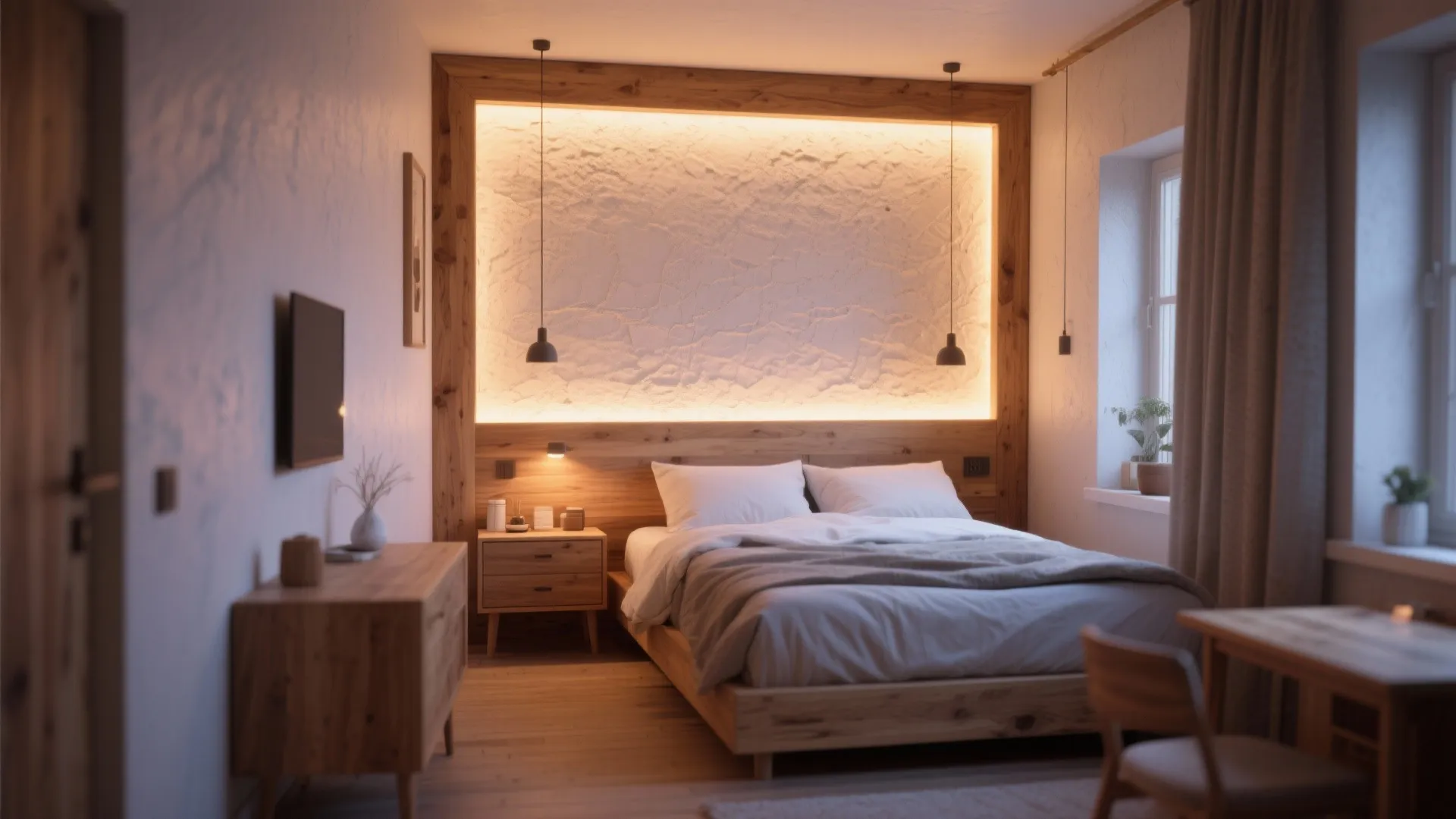 Cozy bedroom with wooden wall panel hidden light bed nightstand window and small desk area