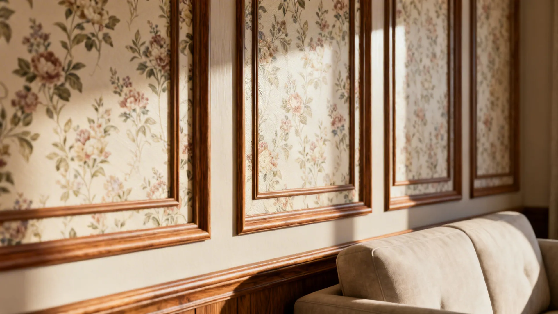 Framed wall panels combining slim wood molding with floral wallpaper inserts in a living room vignette.