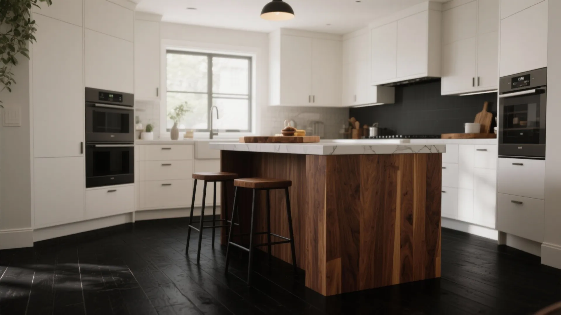 Kitchen showing matte black floors paired with a warm walnut butcher block island and white cabinets.