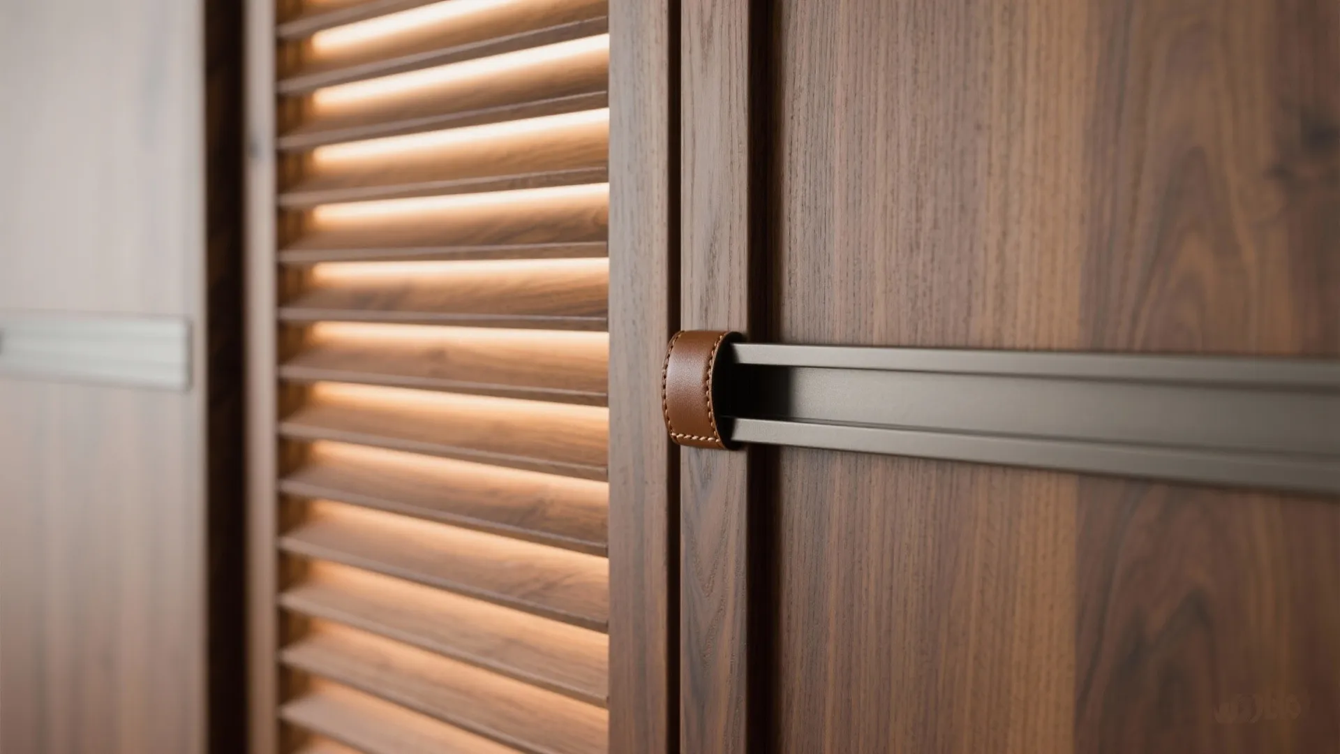 Close up of dark wood cabinet doors with leather handle and warm light through wooden slats