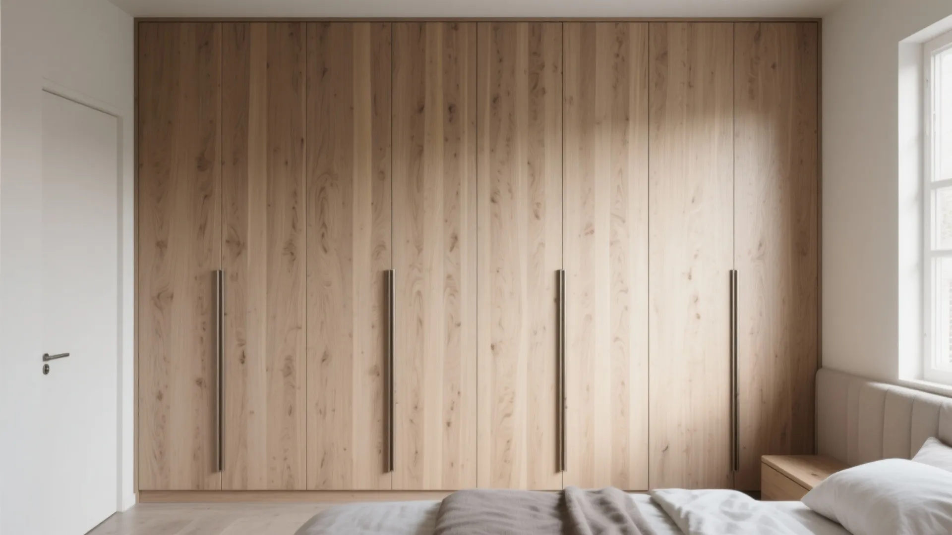 Modern bedroom featuring a full wall of light wood grain closets with long metal handles