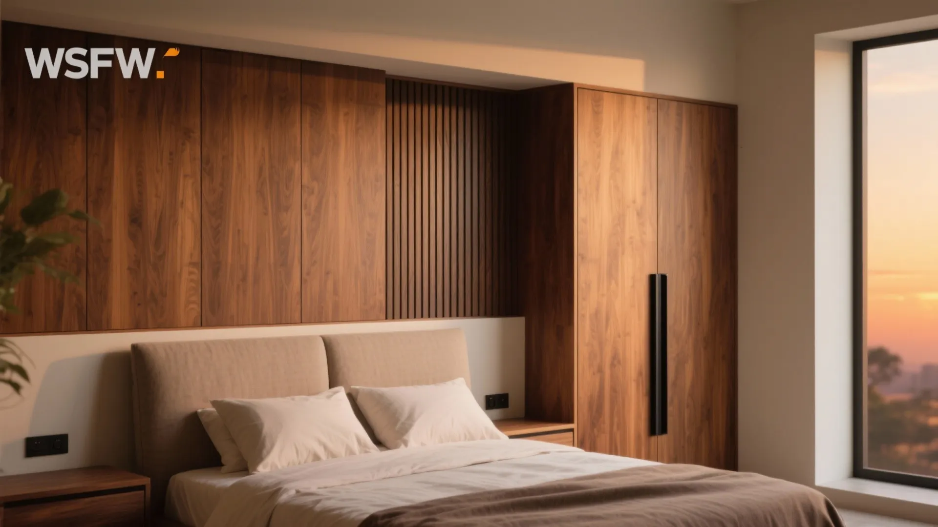 Modern bedroom with wooden wall panel tall wood cabinet comfortable bed and bright window view