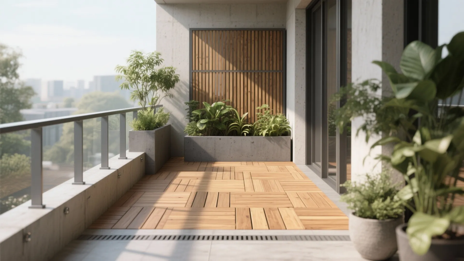 Modern sunny balcony featuring wood floor tiles concrete planters green plants and a wall panel