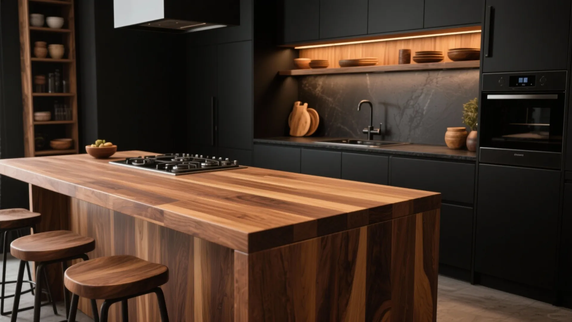 Modern kitchen with black cabinets and a large wooden island with bar stools and stove