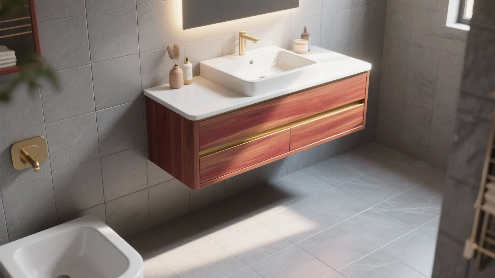 1. Warm wood accents to soften cool grey tiles