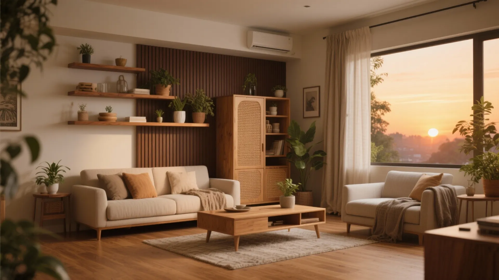 Warmth with wood accents in living and bedrooms