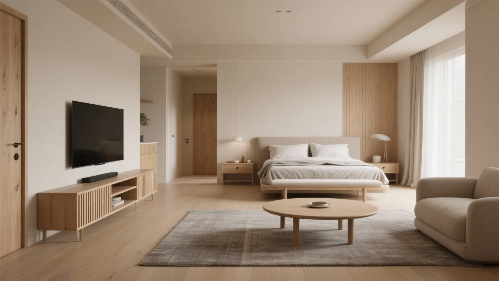 Warmth from wood elements across living and bedroom