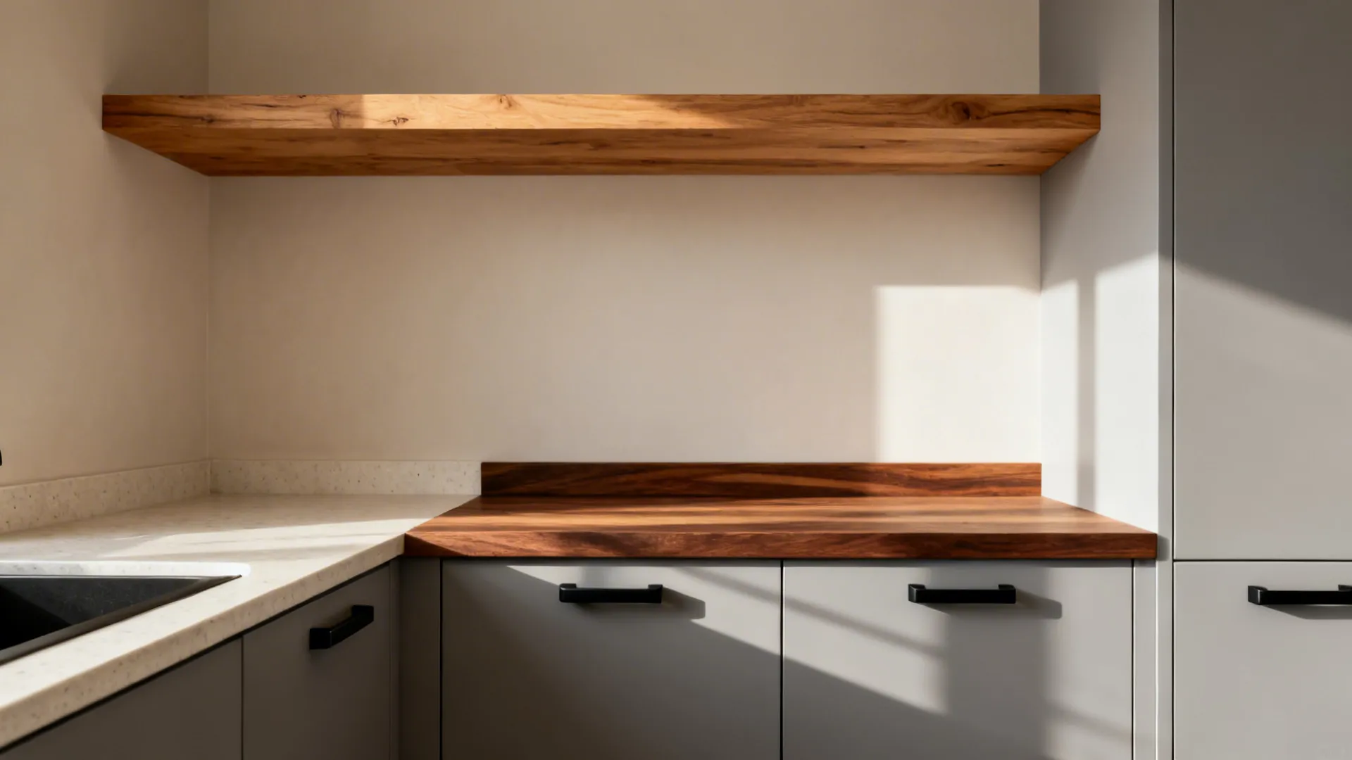 Warm wood shelf and butcher-block accent with matte black pulls in a small kitchen.