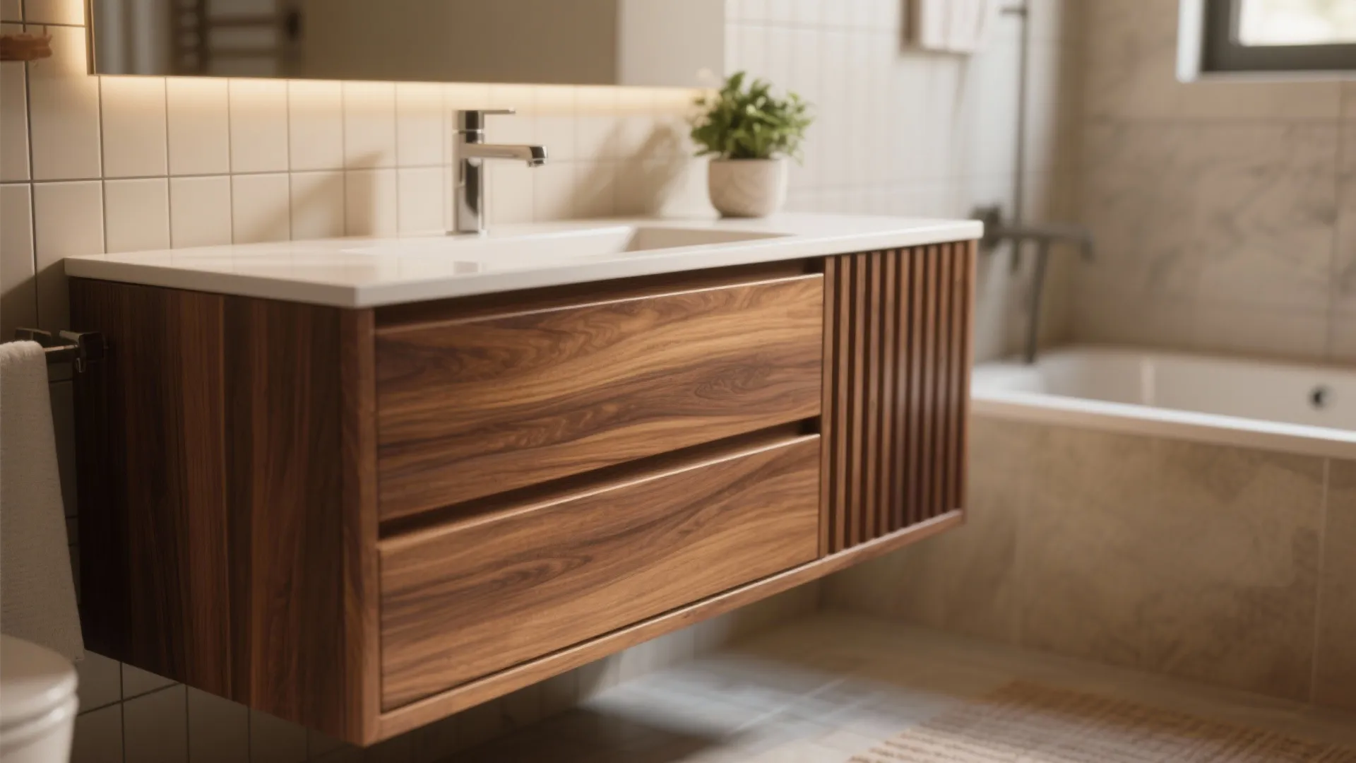 Modern bathroom with wood wall cabinet white sink chrome faucet small plant and white bathtub