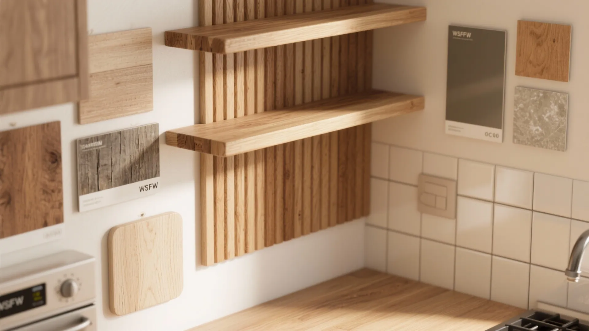 Top-down material board of oak shelves, butcher-block detail and complementary tile and glass swatches for kitchen warmth.