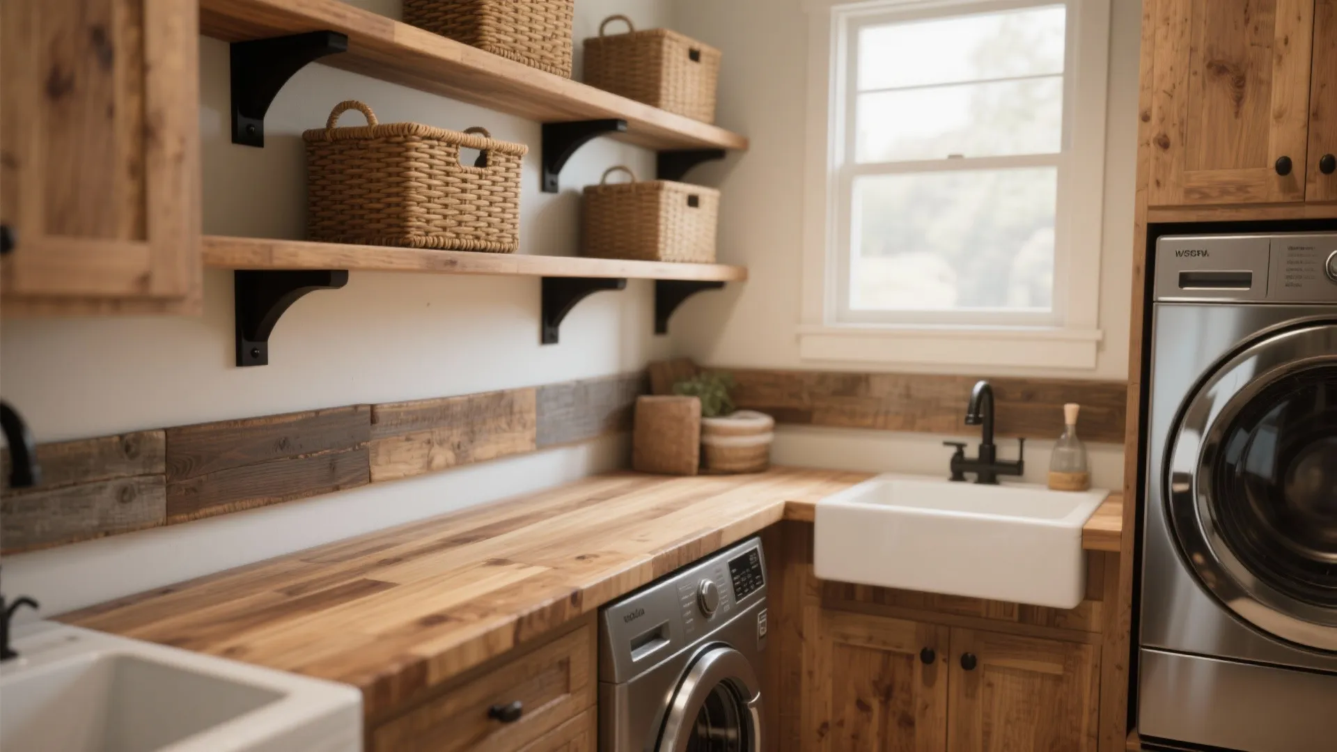 Rustic laundry room with wooden counters and shelves holding woven baskets above a washing machine