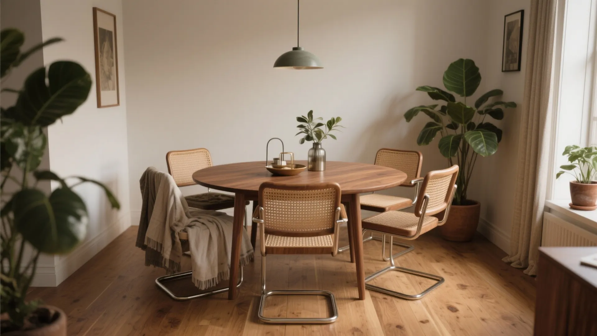 Round wooden dining table with four woven chairs under green ceiling light and indoor green plants