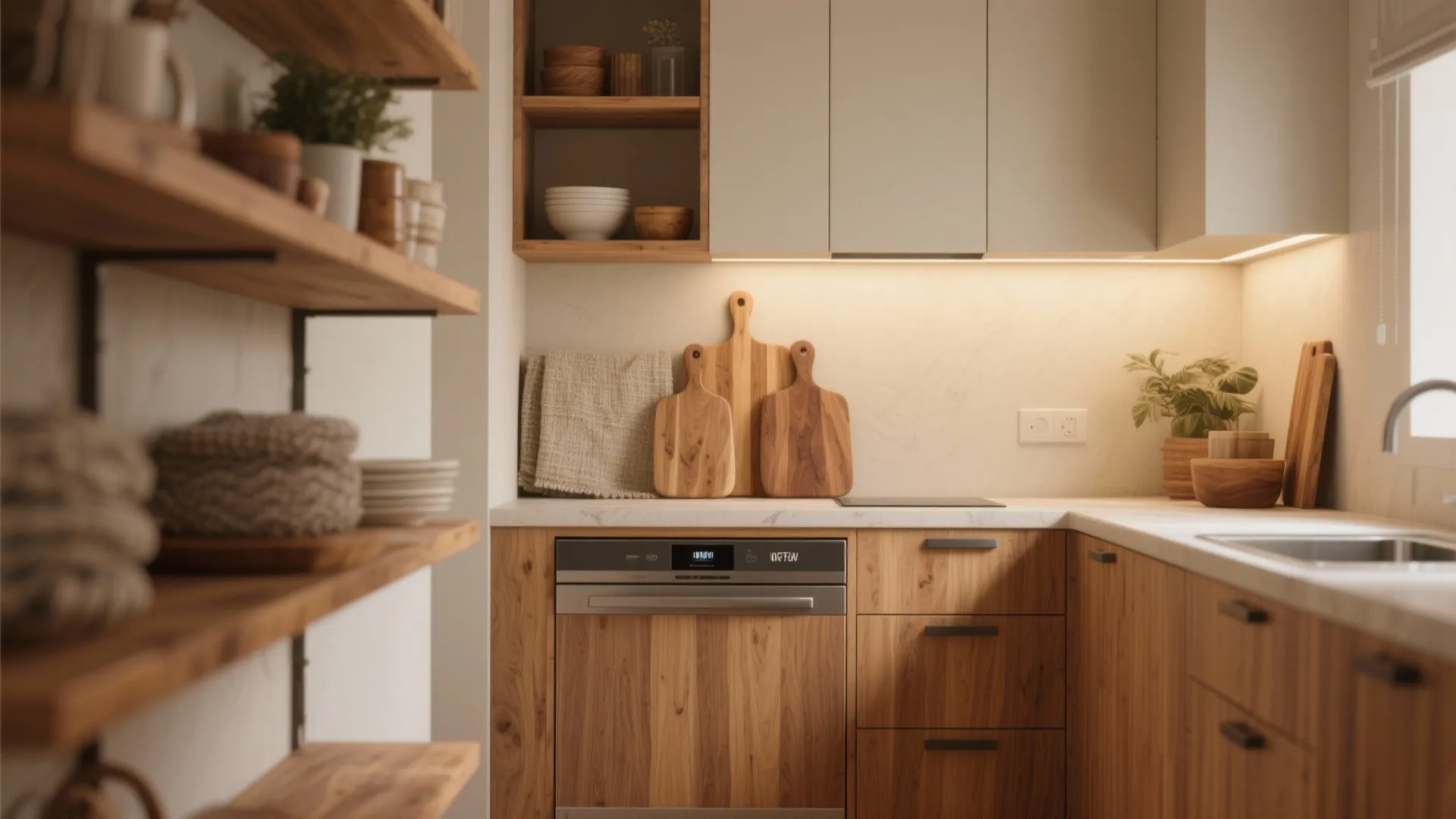 Wood Elements for Warmth and Hidden Storage