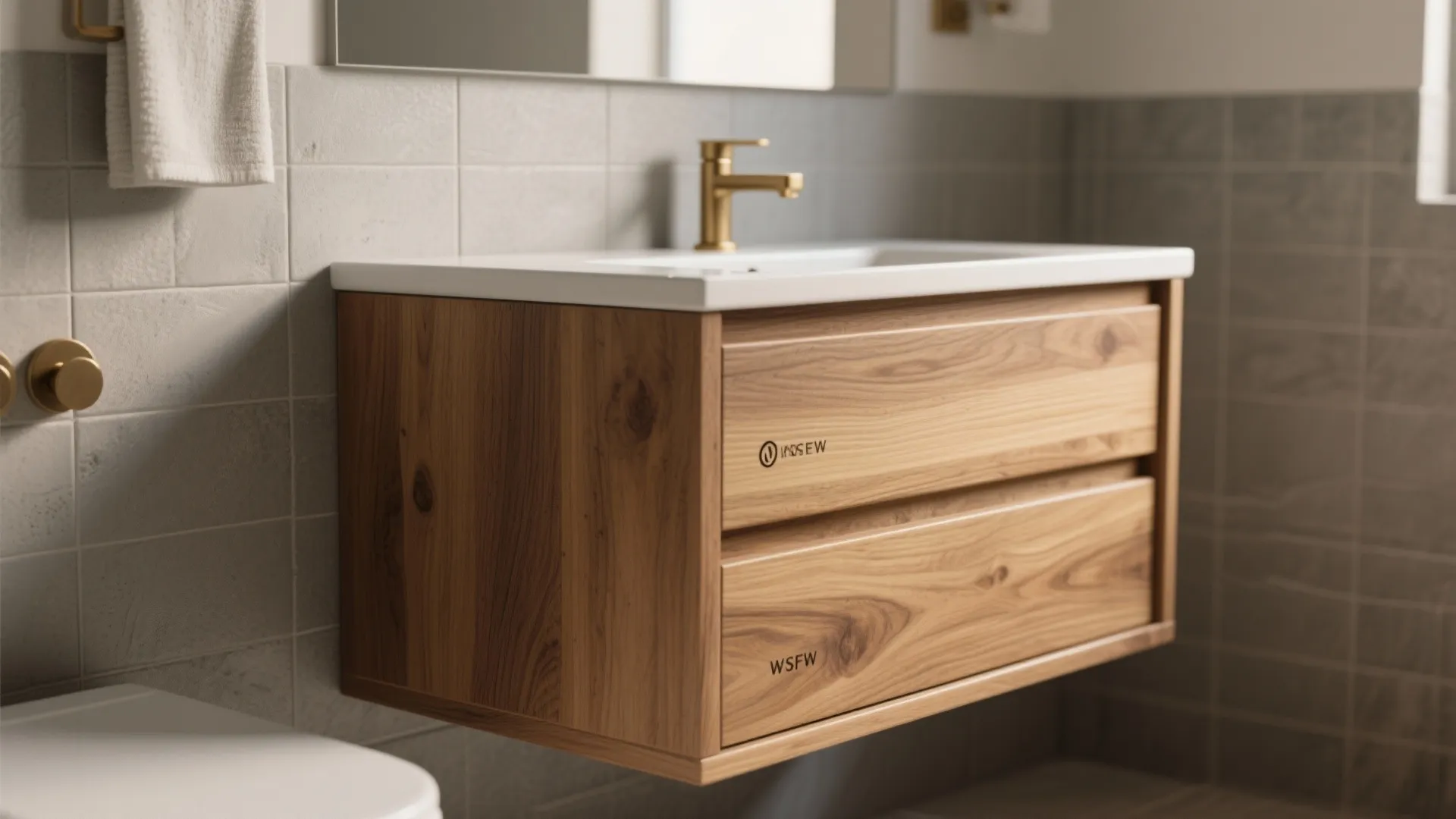 Close up of wooden bathroom floating cabinet with two drawers gold faucet and white sink