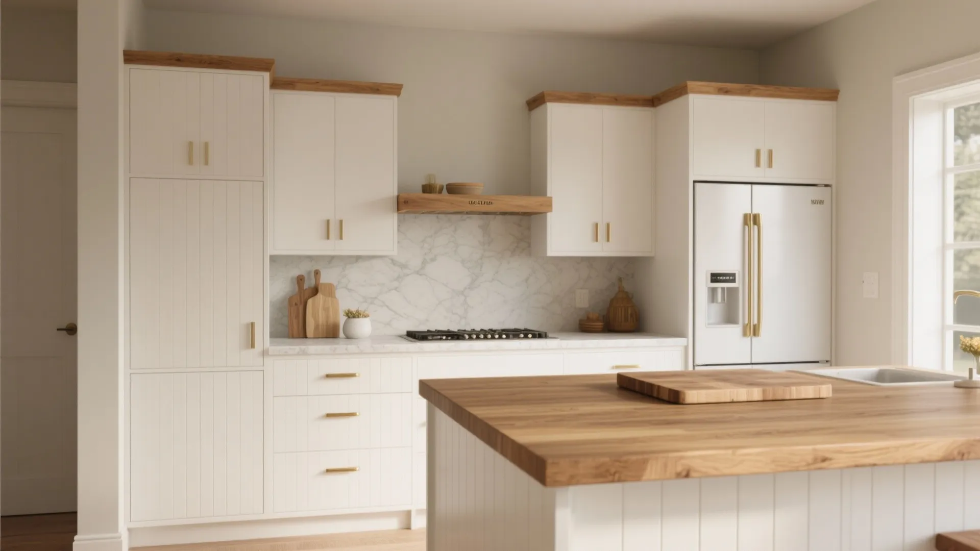 Modern white kitchen with wooden island marble wall gold handles white fridge and natural light