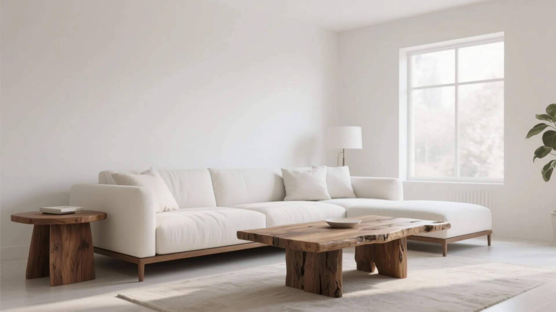 White sofa in a living room with warm walnut side tables and a reclaimed wood coffee table under soft daylight.