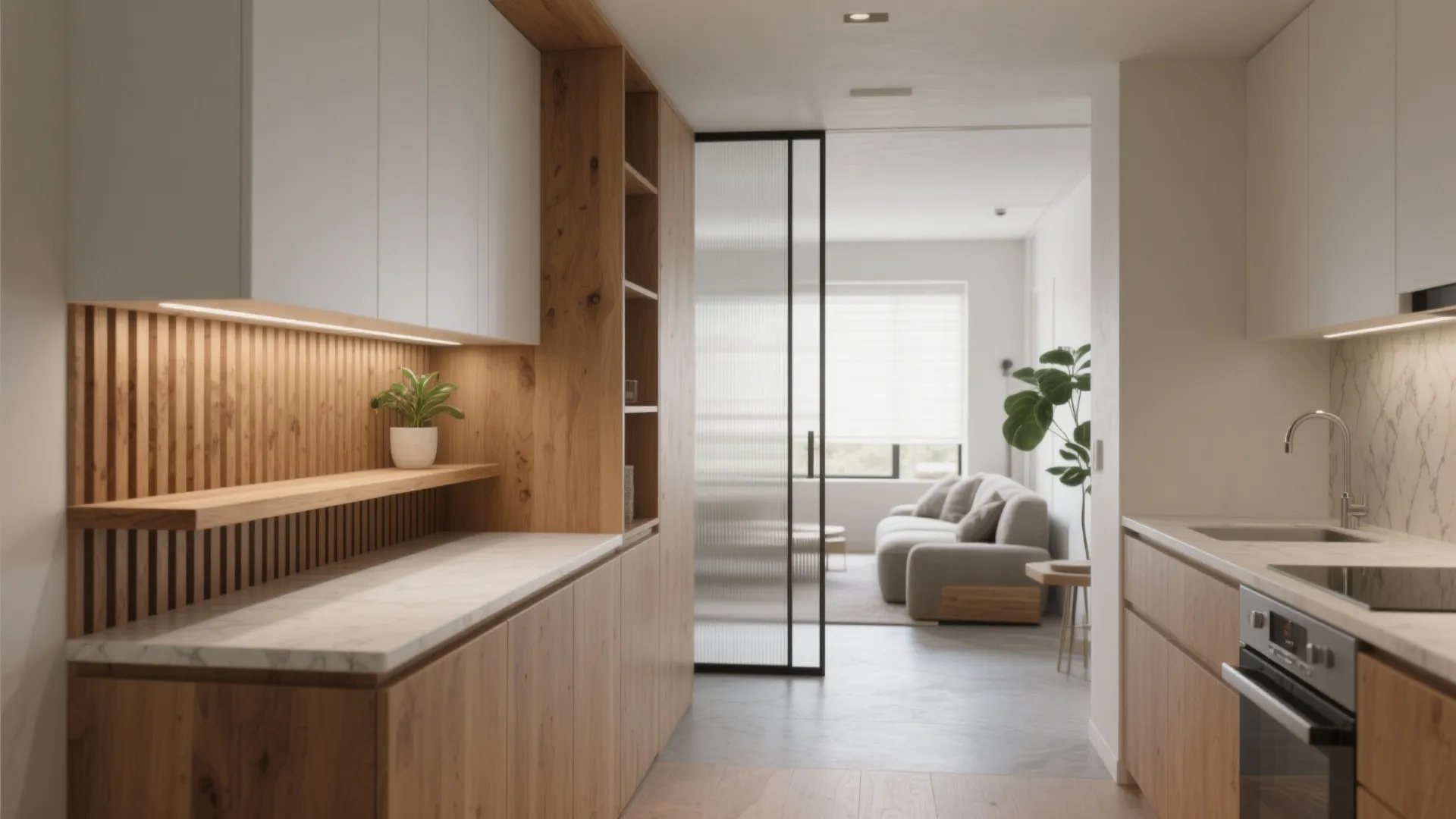 Modern kitchen with wooden cabinets marble countertop glass door leading to living room with sofa
