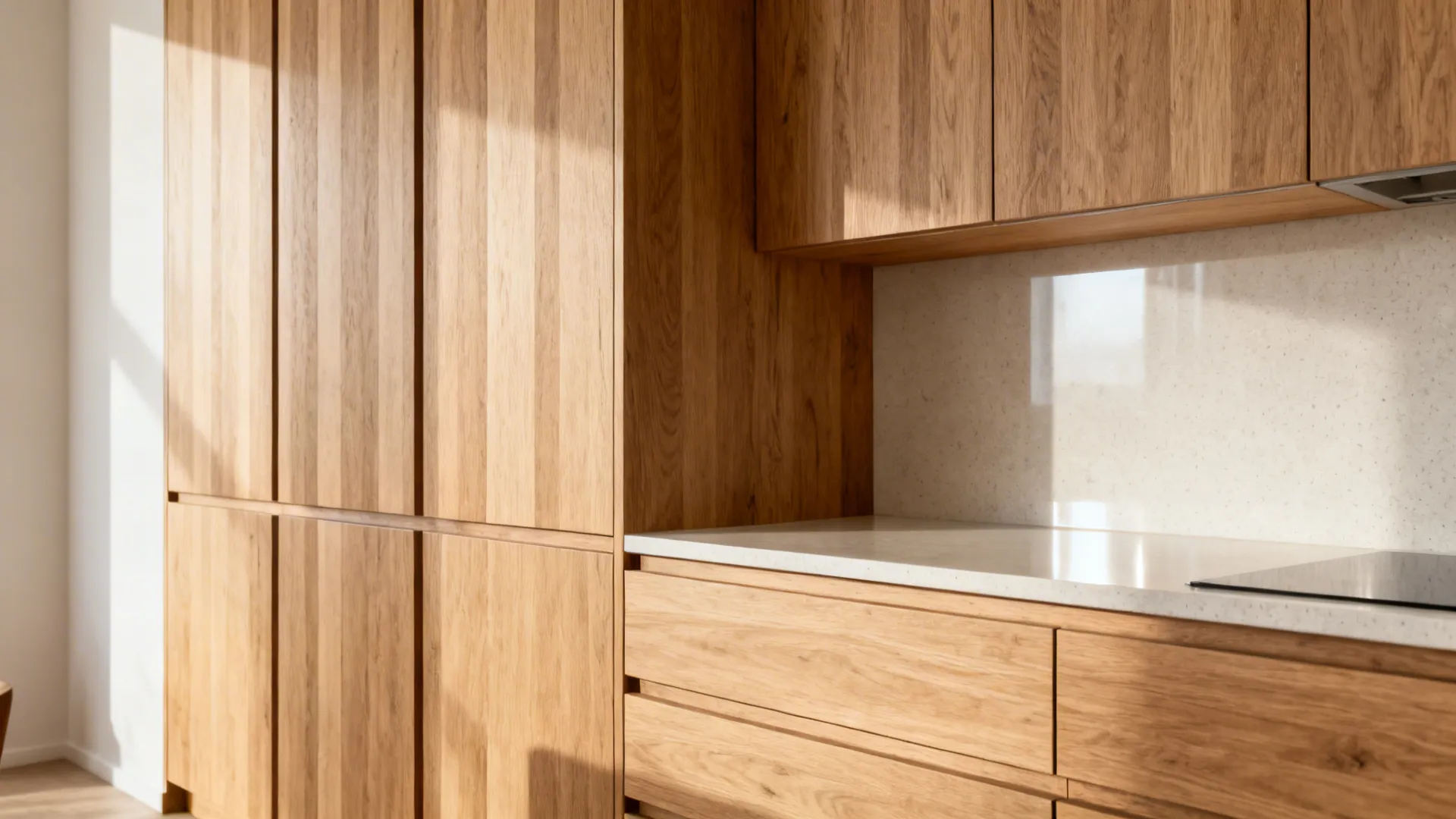 Close-up of wood kitchen cabinets featuring a white stone countertop and bright natural morning sunlight