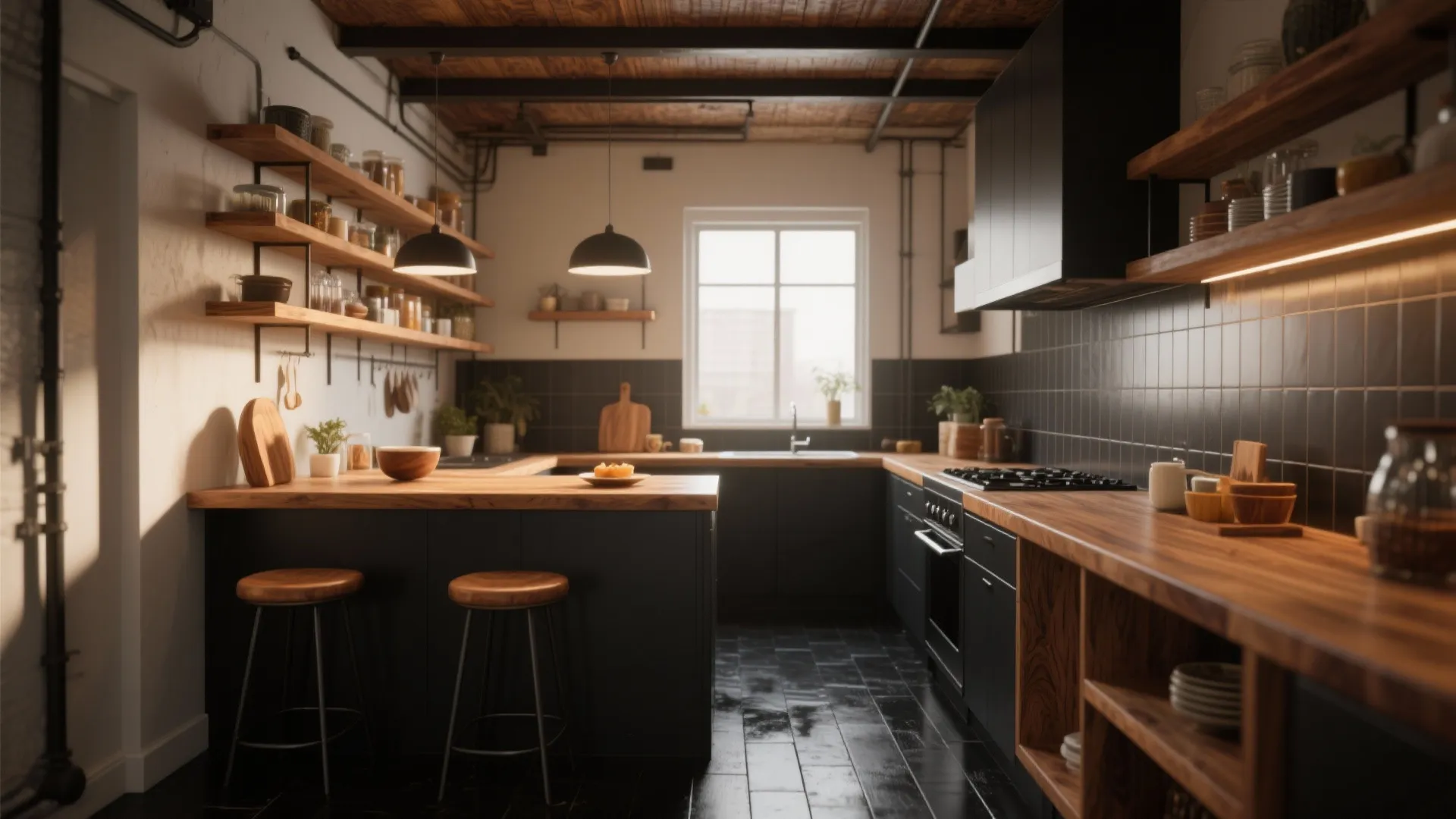 Loft kitchen with matte black floor balanced by walnut breakfast bar and warm wood shelving.