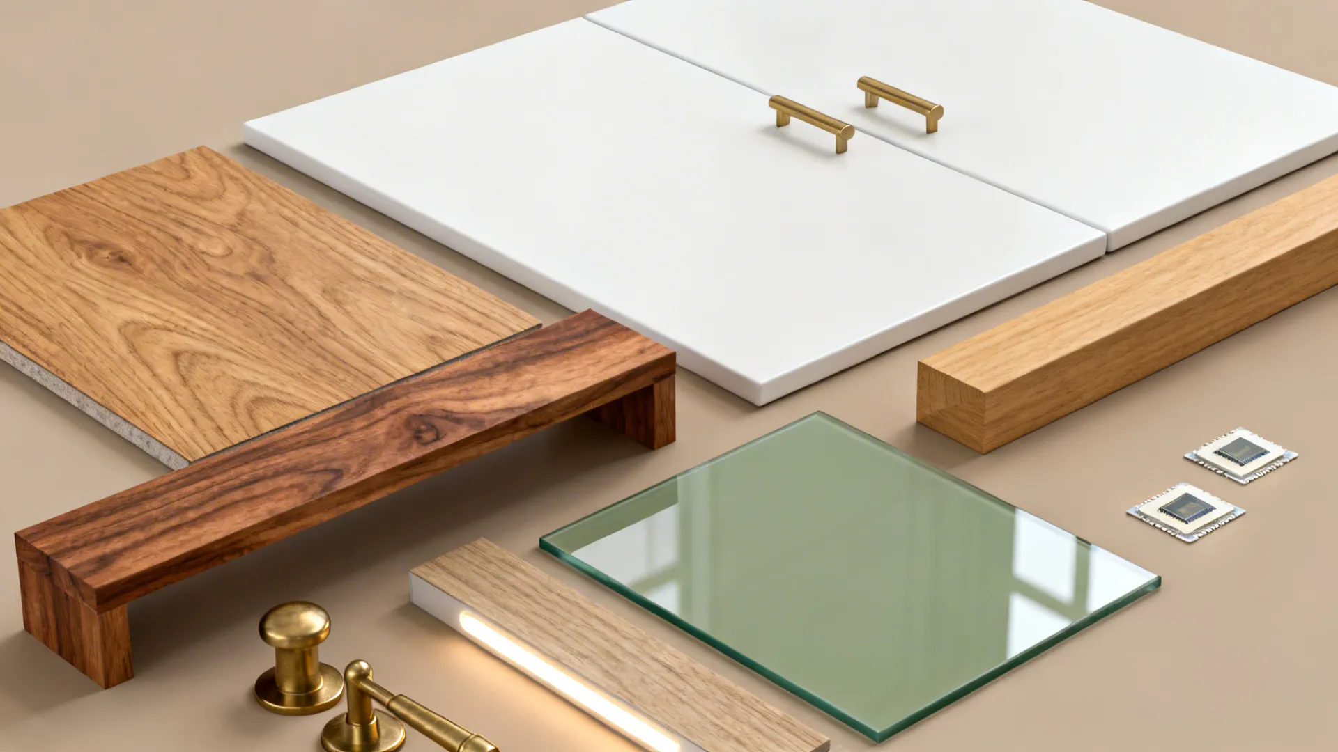 Flat lay of oak, walnut, beech, white matte cabinet finish, and sage glass samples for a warm palette.