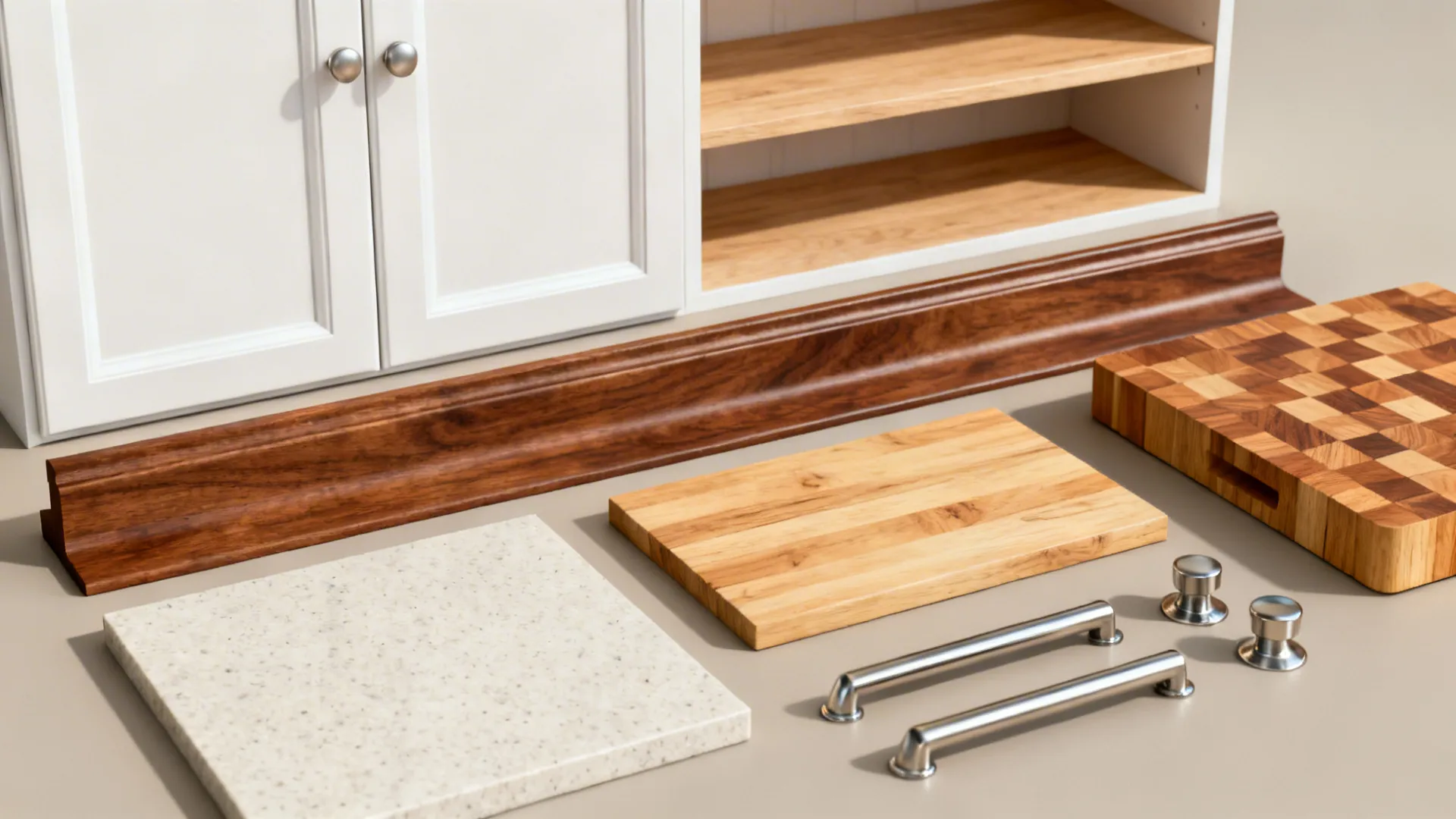 Flat lay of white cabinet finish, light oak, walnut detail, maple block, stainless hardware, and quartz.