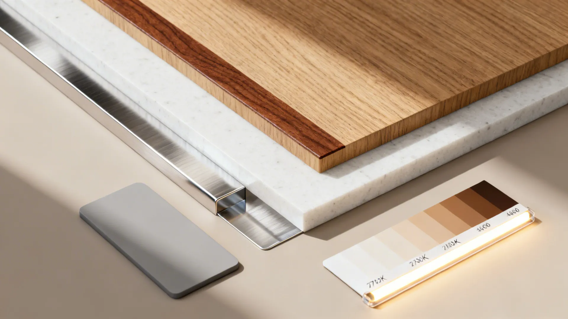 Flat lay of oak and walnut samples with white quartz and stainless accents in soft light.