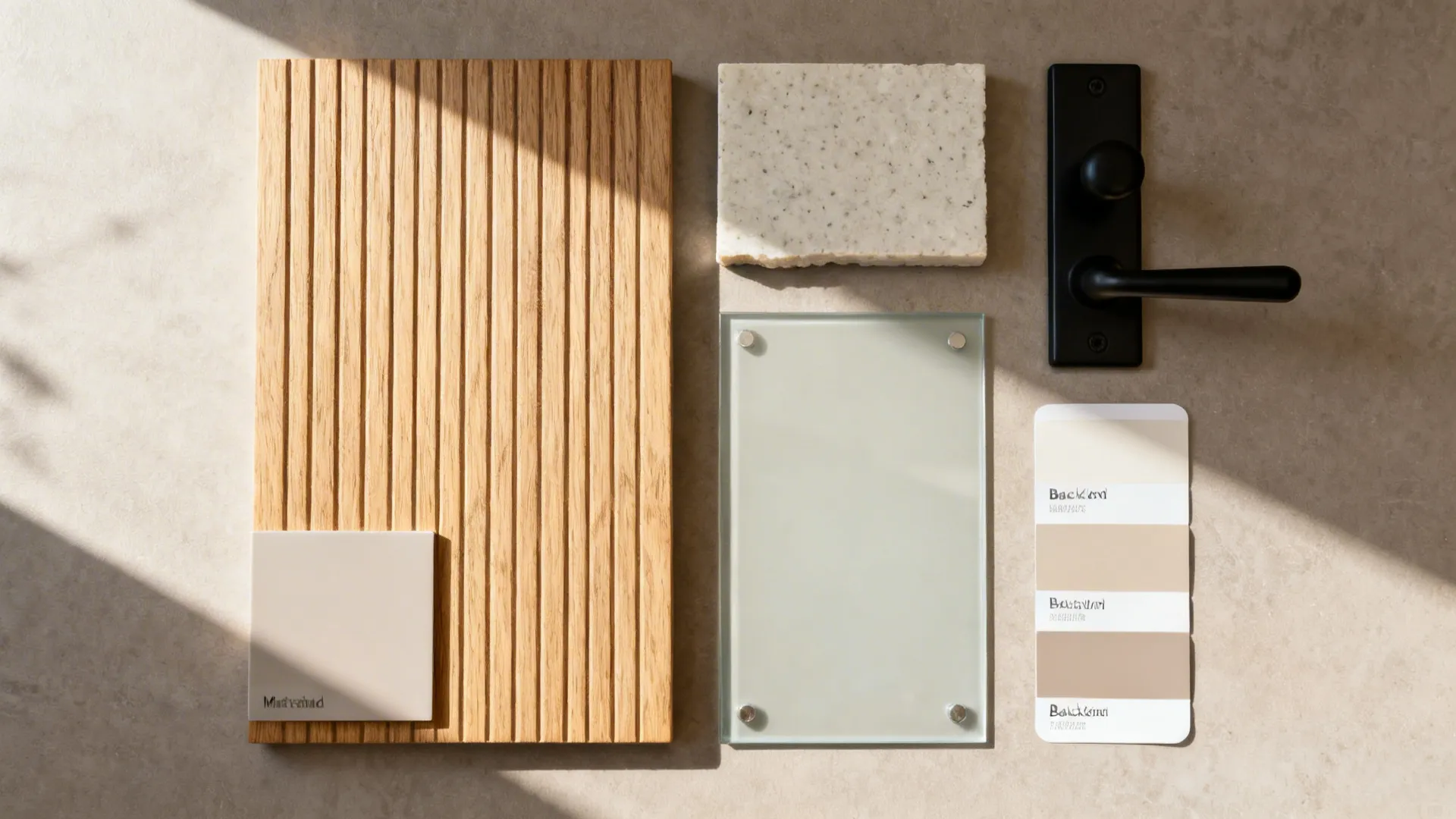 Flatlay of rift-cut oak veneer, light quartz, matte black hardware, and back-painted glass swatches.