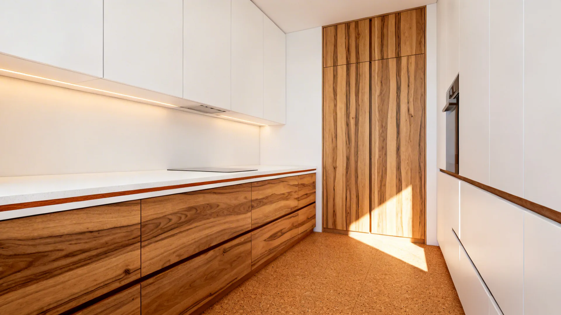 White and oak galley kitchen with cork floor and a slim wood-edged quartz countertop.