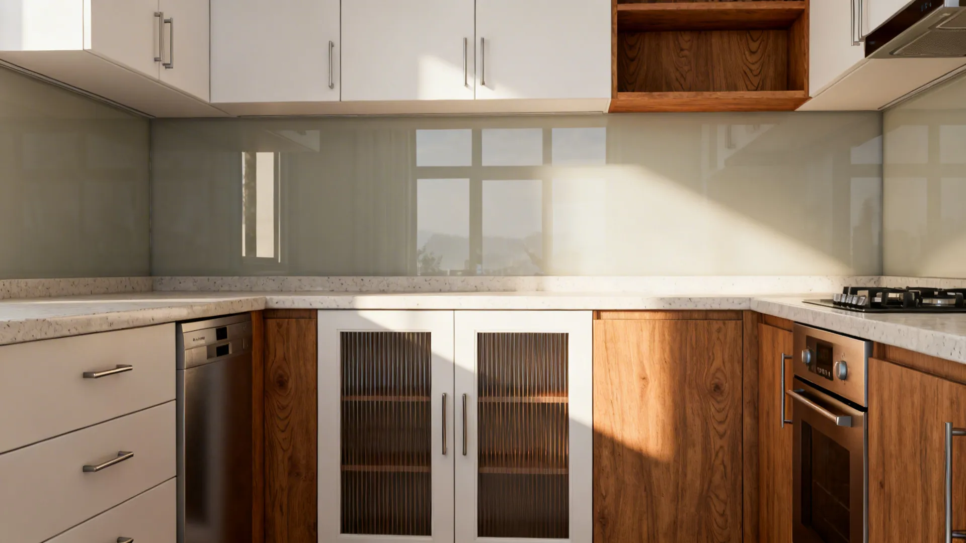 Modern L shaped kitchen with white upper cabinets wood lower cabinets and glass wall panel