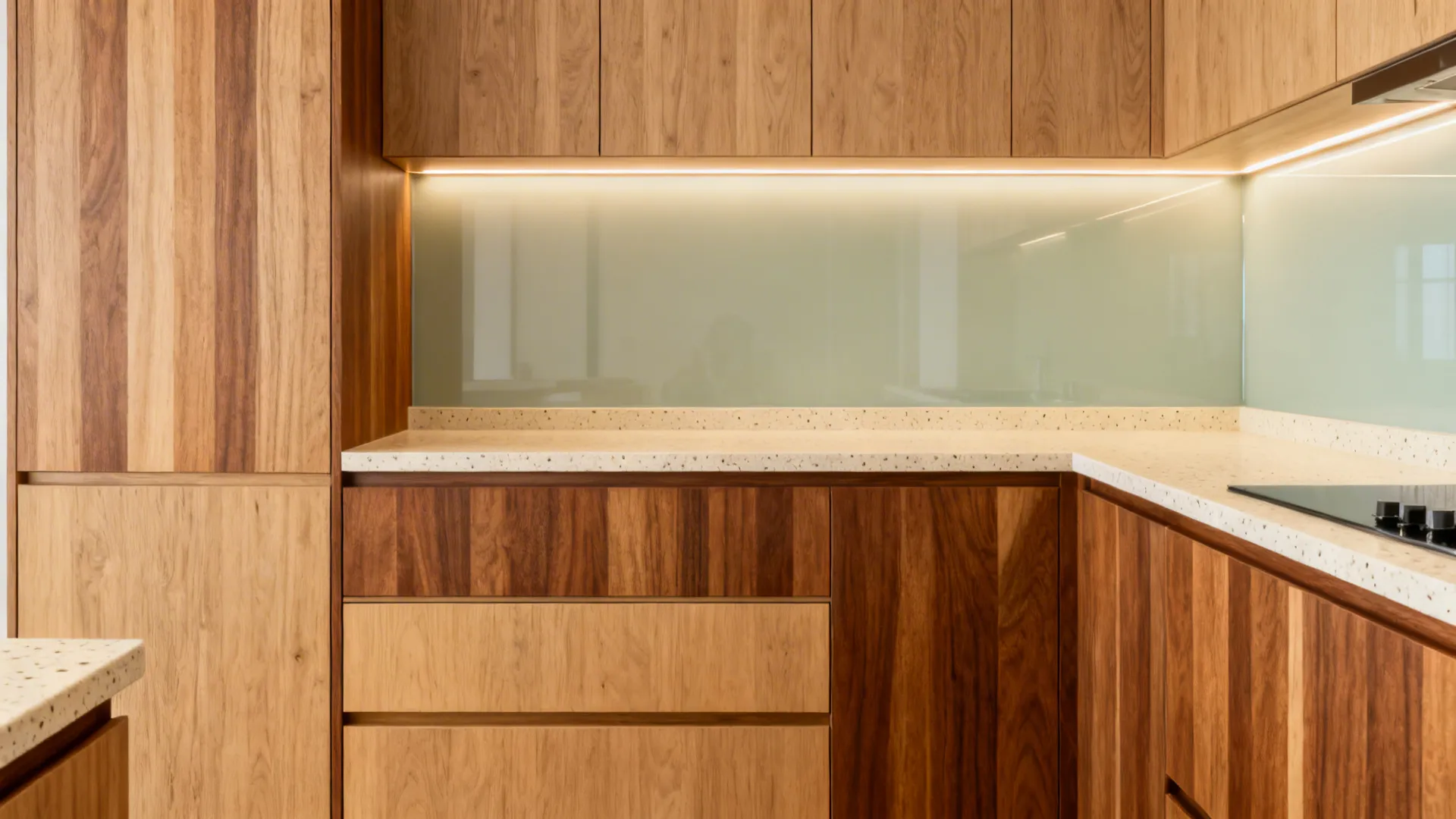 Mid-tone wood laminate cabinets with light counters and subtle sage glass creating a warm yet airy kitchen.