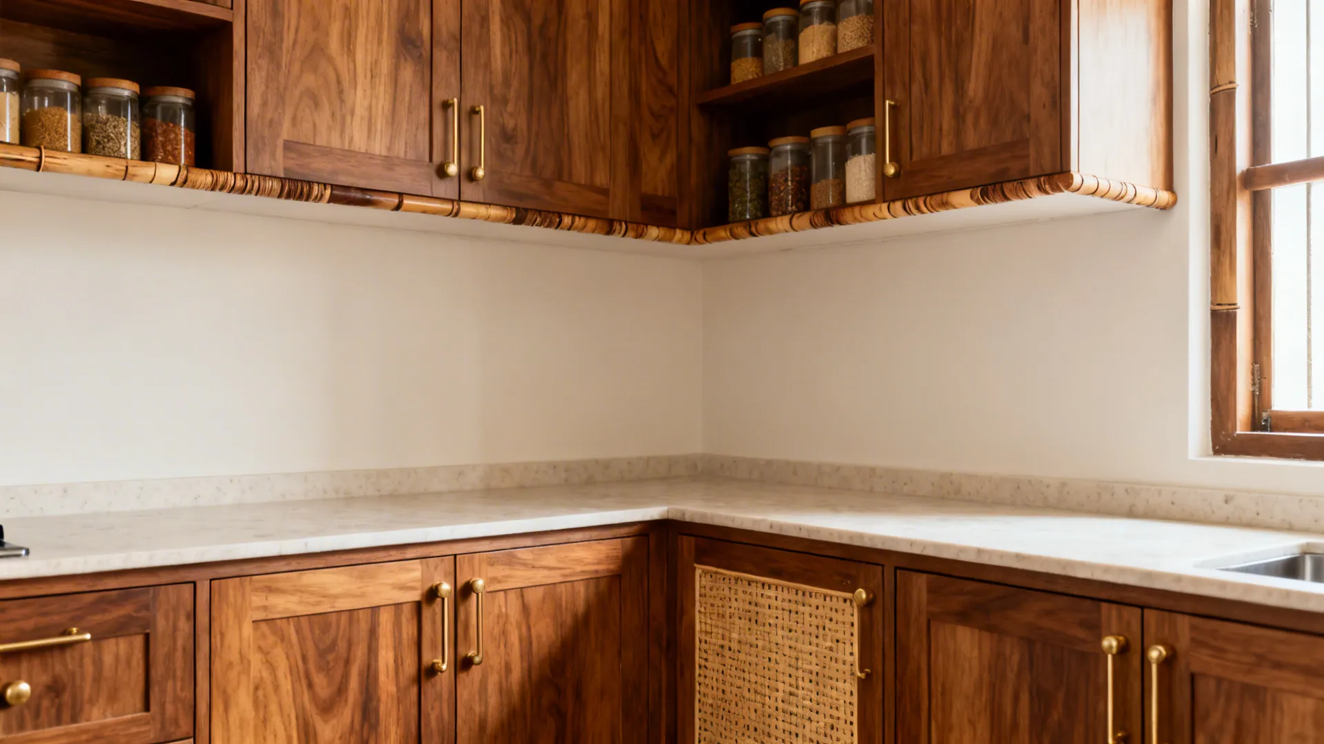 Teak-tone engineered wood cabinets with brass hardware and cane inserts in a compact L-shaped Kerala kitchen.