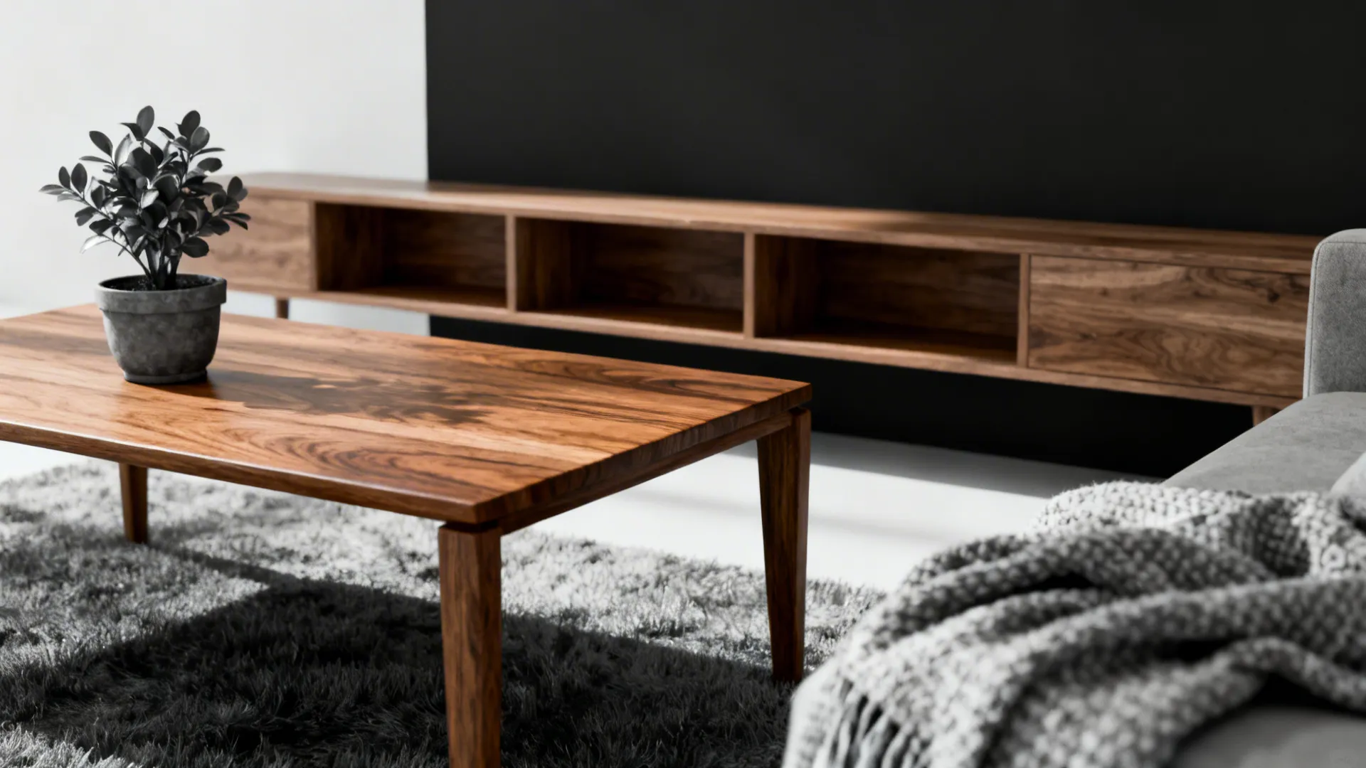 Modern wooden coffee table with green plant on grey rug near a wooden storage cabinet